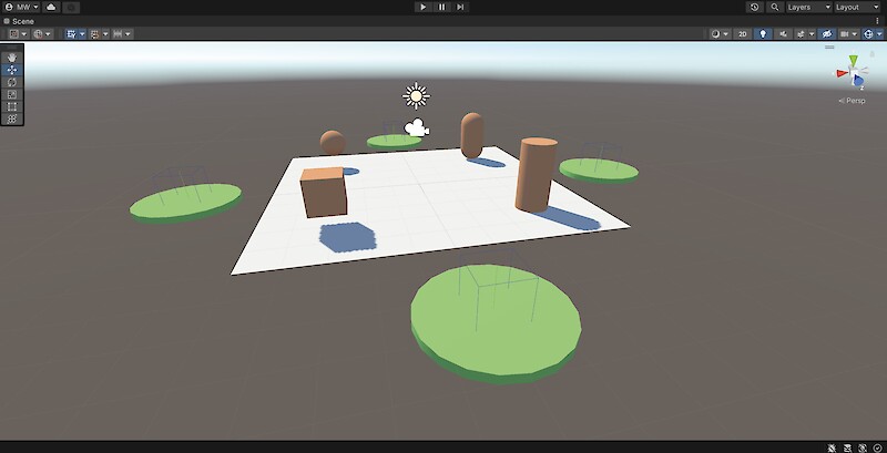Simpler Aufbau einer Szene in Unity, um die Funktionalität der  Teleportationsstation zu testen.
