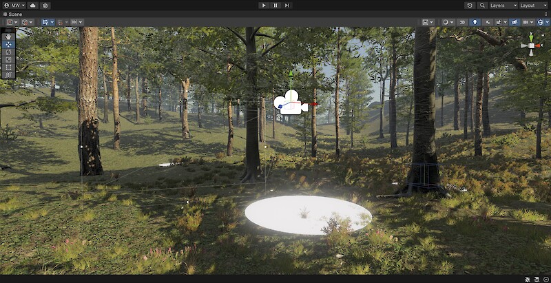 Aufbau der Waldumgebung mit verschiedenen Informationsstationen in Unity.