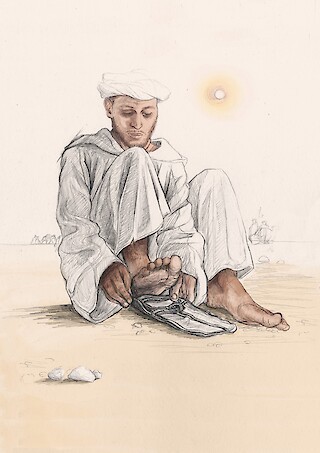 Das Anziehen der Sandalen steht symbolisch für den Beginn der Reise.