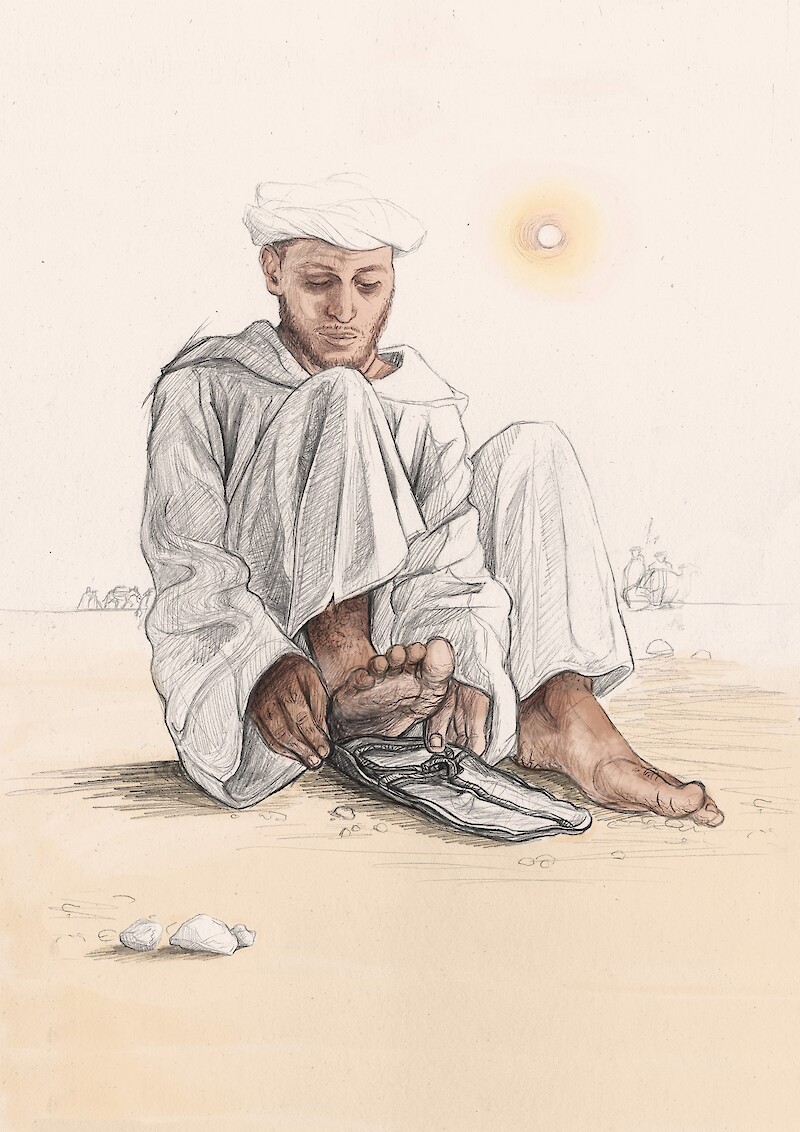 Das Anziehen der Sandalen steht symbolisch für den Beginn der Reise.