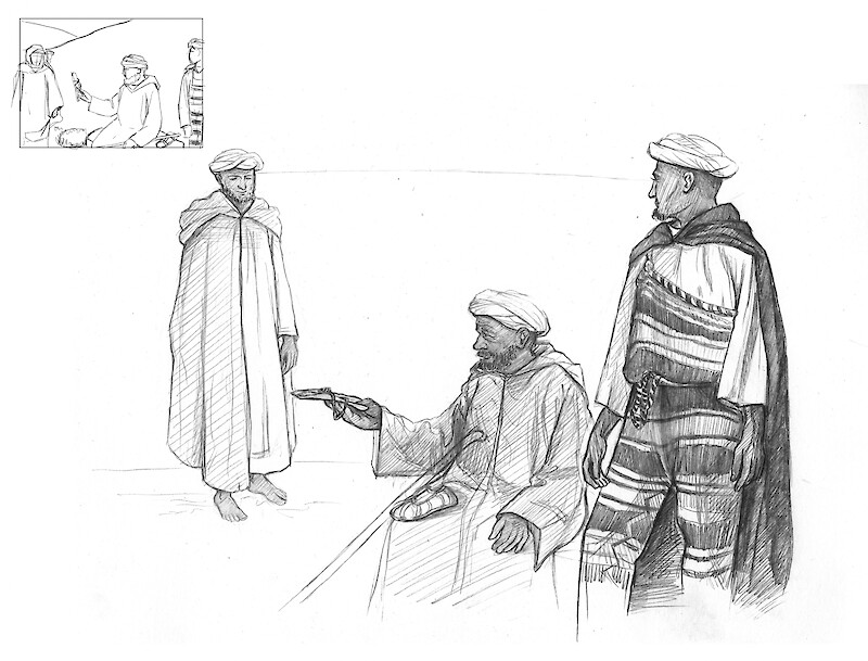 Panel aus dem Storyboard und spätere Umsetzung mit Bleistift.