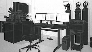 «Einblick ins Labor». Die 2D-Illustration zeigt einen Arbeitsplatz mit Elektronenmikroskop. Die geometrisch-lineare Umsetzung unterstreicht die technische Atmosphäre des Labors.