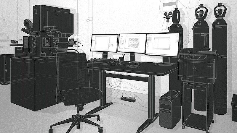 «Einblick ins Labor». Die 2D-Illustration zeigt einen Arbeitsplatz mit Elektronenmikroskop. Die geometrisch-lineare Umsetzung unterstreicht die technische Atmosphäre des Labors.