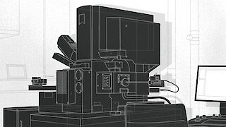 «Rasterelektronenmikroskop». Dieses Gerät bildet das Schlüsselelement der Animation und diente zudem der Erstellung mikroskopischer Aufnahmen. 2D Illustration.