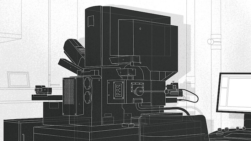 «Rasterelektronenmikroskop». Dieses Gerät bildet das Schlüsselelement der Animation und diente zudem der Erstellung mikroskopischer Aufnahmen. 2D Illustration.