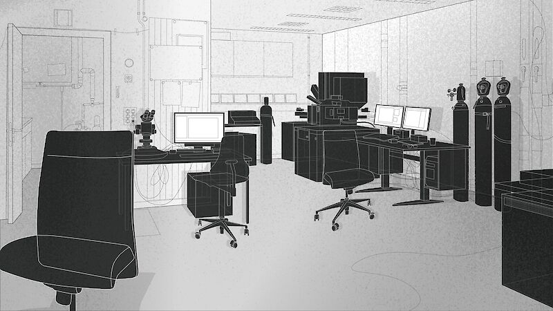 Im Labor. Die 2D-Visualisierung gibt einen Einblick in die Forschungsräume der Nanowissenschaften. Film still aus der Animation.