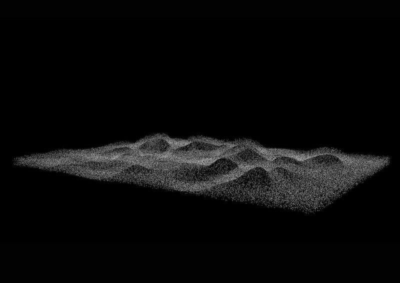 Atomare Landschaft. Die Partikel visualisieren auf abstrakte Weise, für uns unsichtbare atomare Strukturen. 3D-Rendering.