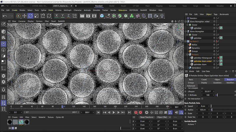 Prozess Atomgitter. Mittels simpler Kugeln wurde die Szene als 3D-Modell aufgebaut und animiert. Die Partikel wurden mit Hilfe eines PlugIns erstellt und den Kugeln zugewiesen.
