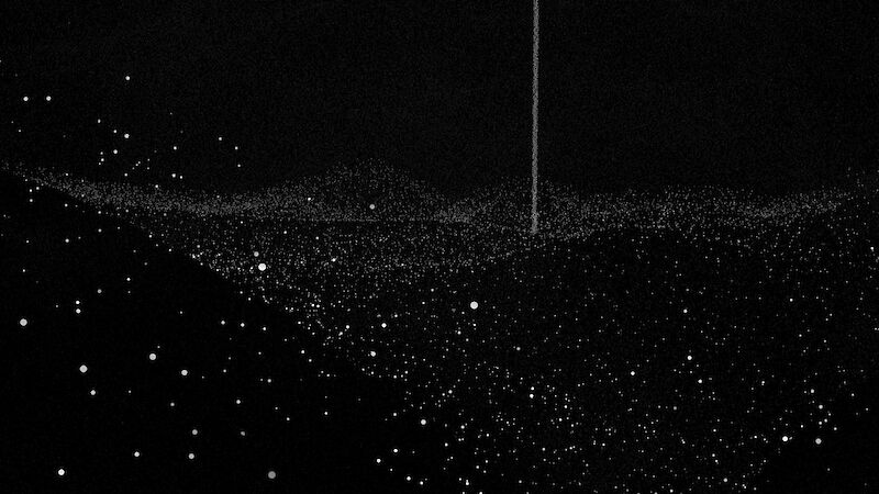 Nanolandschaft. Das film still illustriert, wie eine atomare Landschaft mittels Elektronenstrahl untersucht wird. Die Partikellandschaft wurde anhand eines 3D-Modelles visualisiert.