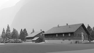 Diese Szene der 3D-Animation zeigt einen Teil der Zerstörung im Dorf. Der Fokus liegt in diesem Abschnitt auf der Vermittlung von Machtlosigkeit über eine Naturgewallt sowie ihre Zerstörungskraft.