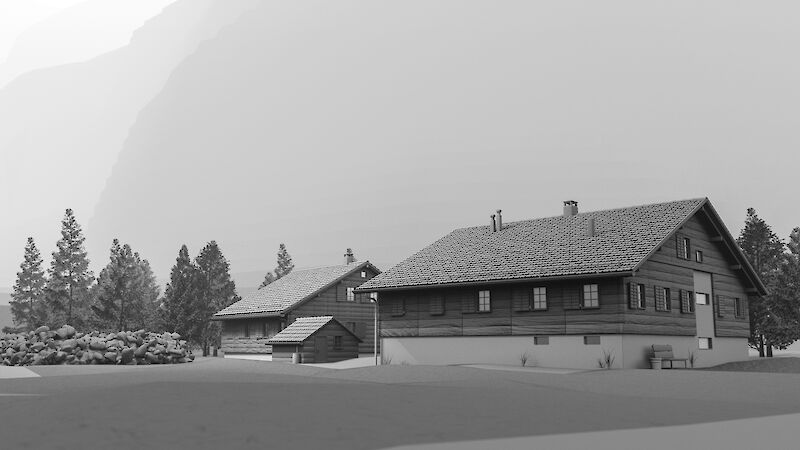Diese Szene der 3D-Animation zeigt einen Teil der Zerstörung im Dorf. Der Fokus liegt in diesem Abschnitt auf der Vermittlung von Machtlosigkeit über eine Naturgewallt sowie ihre Zerstörungskraft.