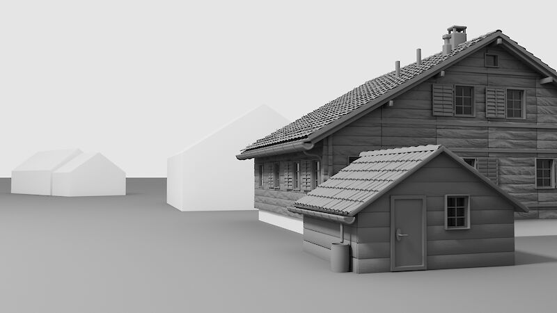 Aus einem Würfel entsteht ein Haus.