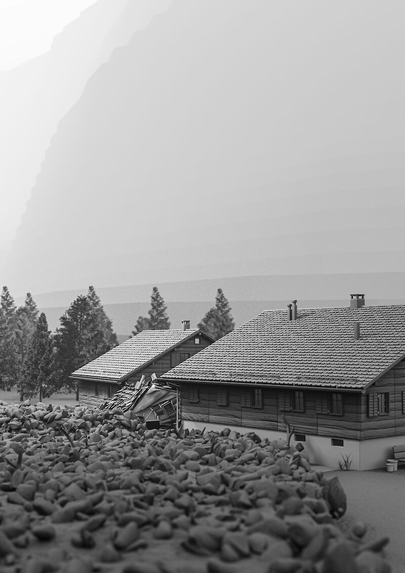 Zerstörte Häuser. Ein Murgang hätte fatale Folgen für Kandersteg.