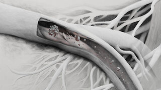 Die drei Bestandteile der animierten Infografik in einer Collage geordnet. Eine Plaqueverletzung initiiert eine Thrombusbildung, von welchem sich wiederum thrombotisches Material lösen, in Kleinstgefässe herabwandern und diese blockieren kann. Der Prozess wird an einem anatomischen Modell verortet.