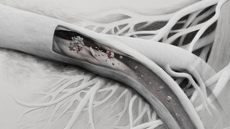 Die drei Bestandteile der animierten Infografik in einer Collage geordnet. Eine Plaqueverletzung initiiert eine Thrombusbildung, von welchem sich wiederum thrombotisches Material lösen, in Kleinstgefässe herabwandern und diese blockieren kann. Der Prozess wird an einem anatomischen Modell verortet.