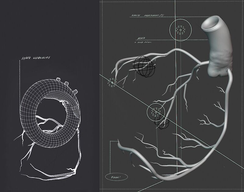 Die Aorta. Ausschnitte aus dem Modellierungsprozess. Vom groben Mesh zum modellierten Objekt. Aus einer Torus-Grundform wird die Aorta geformt und mit den Herzkranzgefässen verbunden.