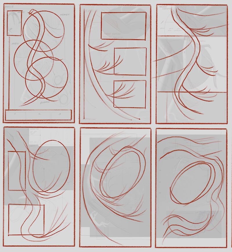 Layout. Entstandene Variationen des Layouts in einer Übersicht. Überlegungen zu Lesefluss und Informationsverteilung, sowie Gewichtungsentscheide in der Infografik.