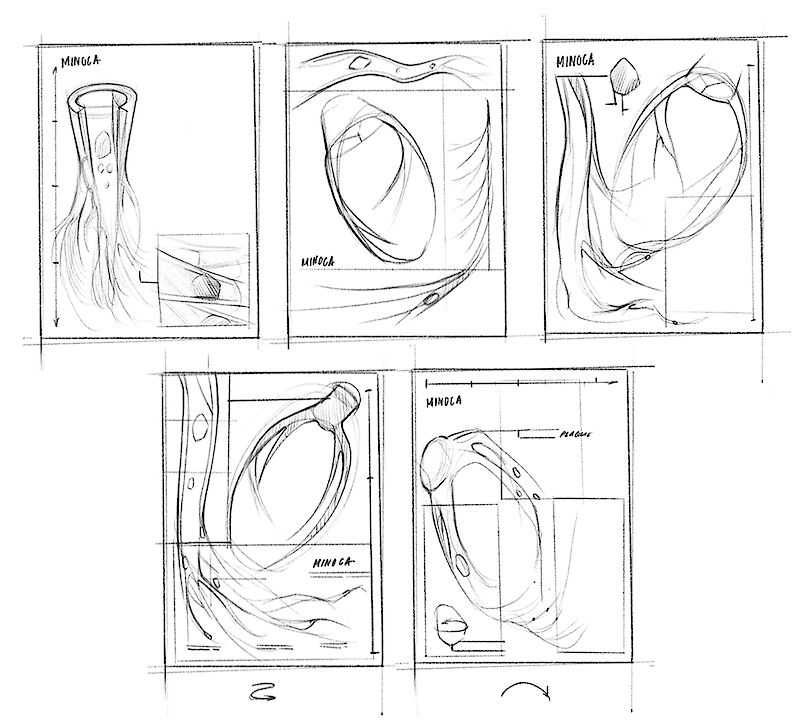 Layout. Entstandene Variationen des Layouts in einer Übersicht. Überlegungen zu Lesefluss und Informationsverteilung, sowie Gewichtungsentscheide in der Infografik.