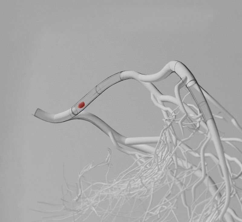 Stilerprobung. Erste Zugabe von Skizze zum 3D-Objekt. Mit Hilfslinien können wichtige Verortungen im Bild nochmals hervorgehoben und die Form verständlicher gestaltet werden.
