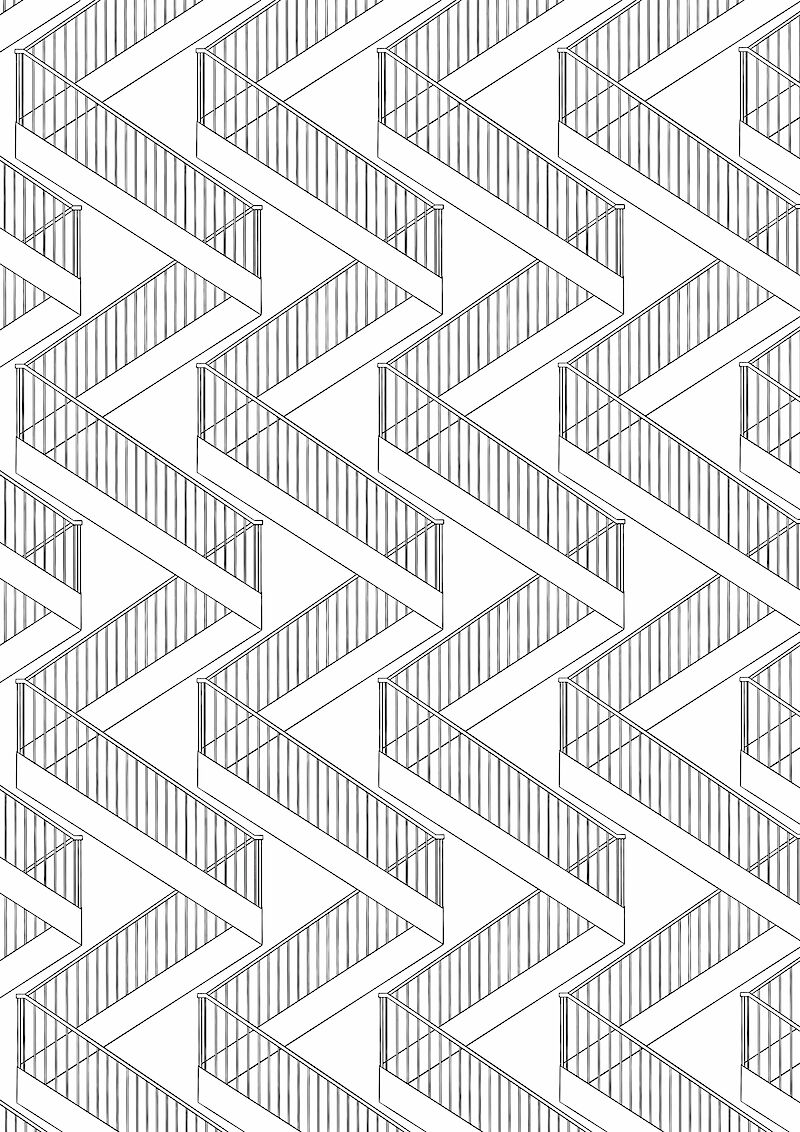 Lineare Zeichnung einer Treppe, die Stockwerke und verschiedenen Situationen die im Haus stattfinden miteinander verbindet.
