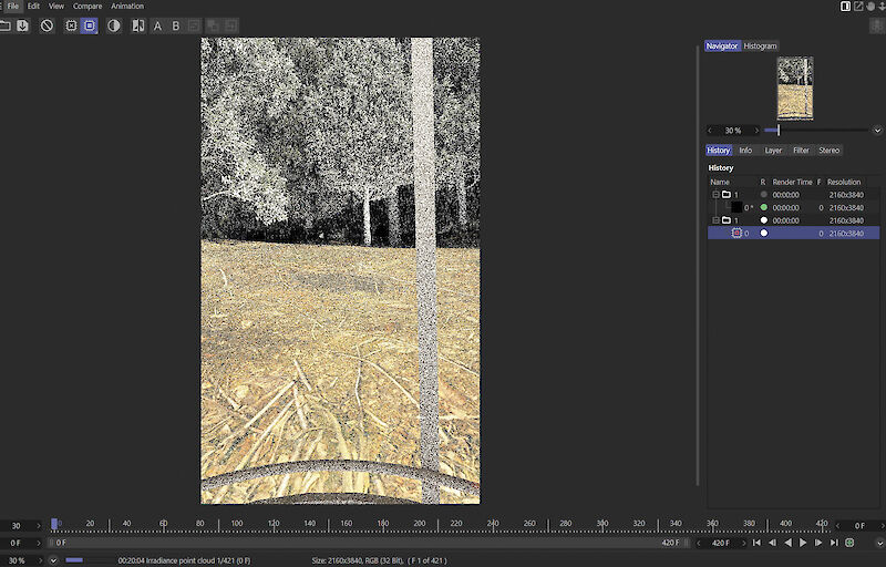 Renderprozess der Kranfahrtszene im 3D-Programm Cinema 4D.