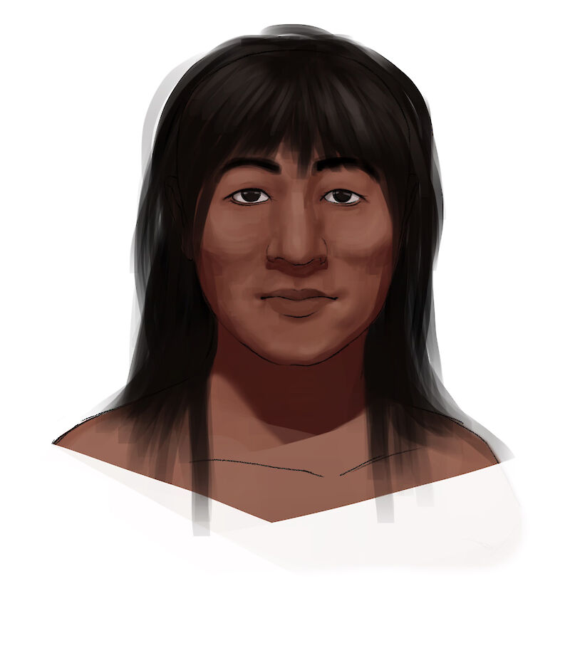 Eine schnelle Skizze wie die Person ausgesehen haben könnte, basierend auf dem erstellten Modell. Dafür wurde direkt über ein Rendering des Modells digital gemalt.