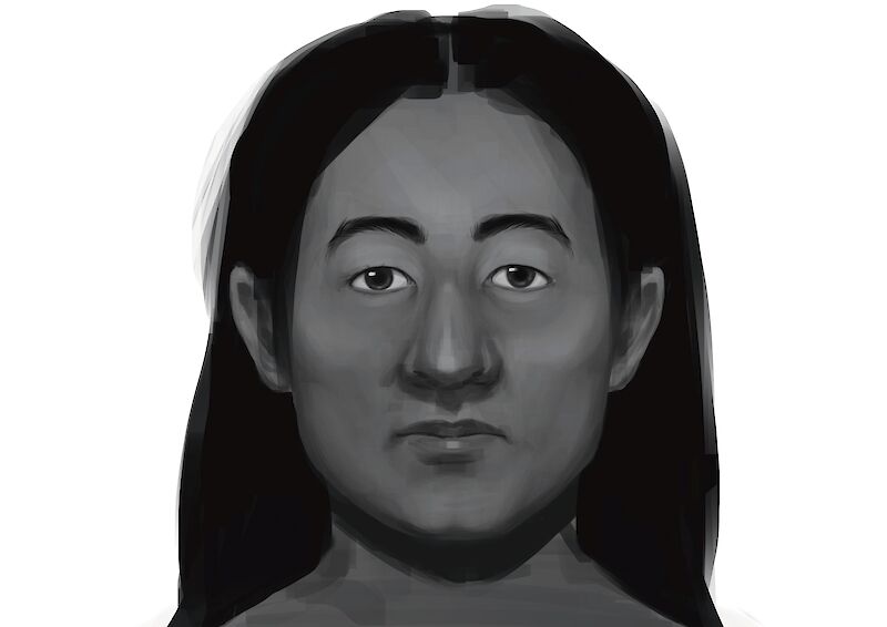Zeichnung des Gesichtes mit den angenäherten Gesichtsmerkmalen. Es dient als Referenzbild um die Modellierung im Cinema4D zu vereinfachen.