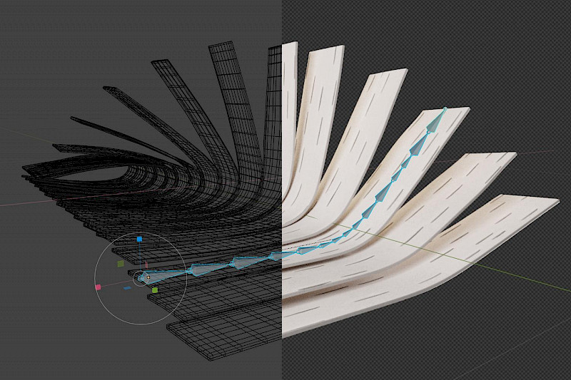 3D Modell in Blender: Bewegliche Gelenke der Birkenkorkstücke.