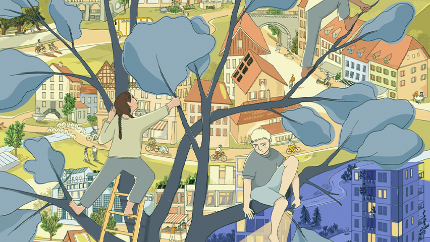 Ein Blick in die Zukunft einer klimaneutralen Stadt Burgdorf 2050 (Elena Kaeser, Simone Stolz, Zürcher Hochschule der Künste - Forschung Knowledge Visualization)