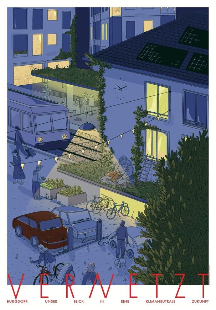 Ein vernetztes Verkehrssystem mit Bus und Bahn, selbstfahrenden Taxis und Carsharing bringt Burgdorfer:innen im Jahr 2050 selbst nachts noch an Orte in der Stadt und im Umland. Die Illustration zeigt das Gebiet beim Bahnhof.