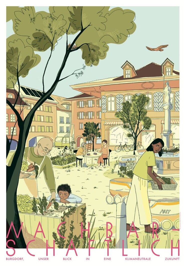Plätze in Burgdorf werden bis 2050 zu Orten der Begegnung mit Bäumen, Gemeinschaftsgärten und sanfter Güterlogistik durch Robo-Transporter. Die Illustration zeigt den Kronenplatz.