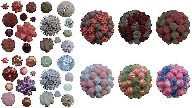 Creative variations of cancer cell designs in both the ominous and alternative aesthetics. Experiments in color, materials, and shapes to differentiate between drug-sensitive and drug-resistant cancer cells.