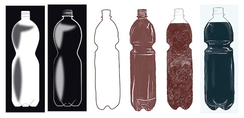 Entwicklungsreihe der PET-Flasche. Vor allem Kontrast und Textur spielten hier eine Rolle.
