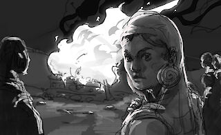 Entwurf eines Key Frames, worin eine Anwesende des Rituals den Blickkontakt zur Betrachter:in sucht.