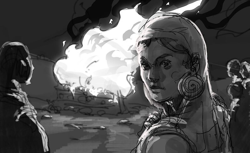 Entwurf eines Key Frames, worin eine Anwesende des Rituals den Blickkontakt zur Betrachter:in sucht.