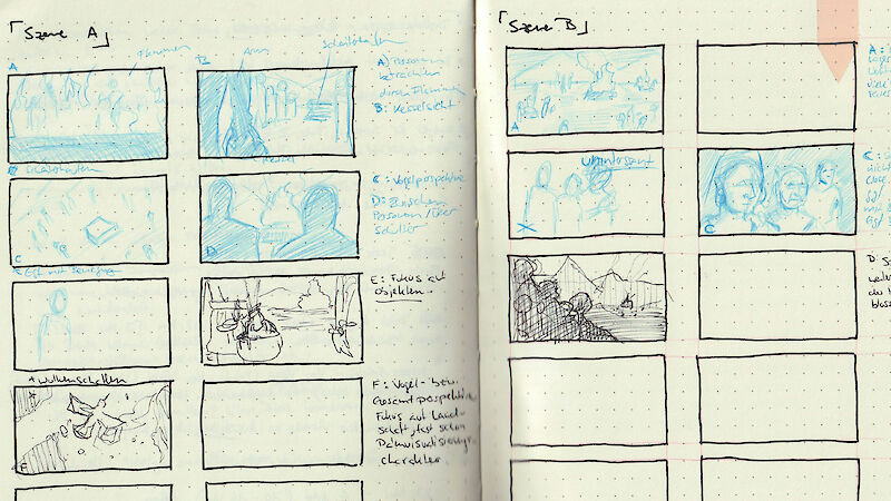 Eine Reihe von Skizzen, die exploriert wie Perspektivenübernahme in archäologischen Visualisierungen erreicht und gefördert werden kann. Diese Skizzen würden als Grundlage für das Storyboard und die schlussendliche 3D Animation dienen.