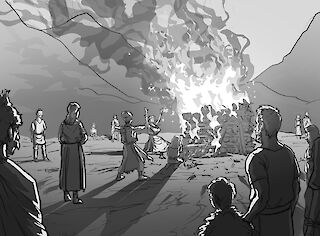 Storyboard Panel zur Kremationsszene. Dieses diente als Diskussionsgrundlage für die 3D Umsetzung, die mit dem Archäologischen Dienst Graubünden umgesetzt worden ist.