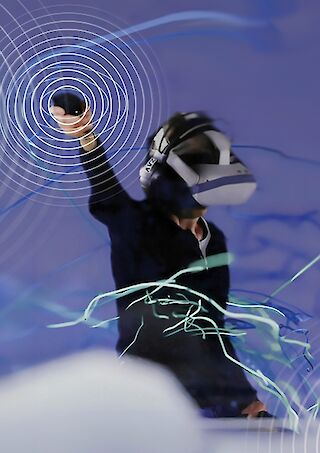 This visualization shows a participant stretching out the controller during the testing to search of virtual elements through sound and haptic feedback.