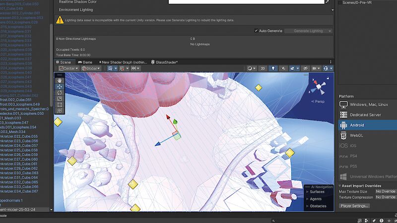A screenshot of the development process of the VR Prototype in Unity showing an above view of the virtual 3D model.