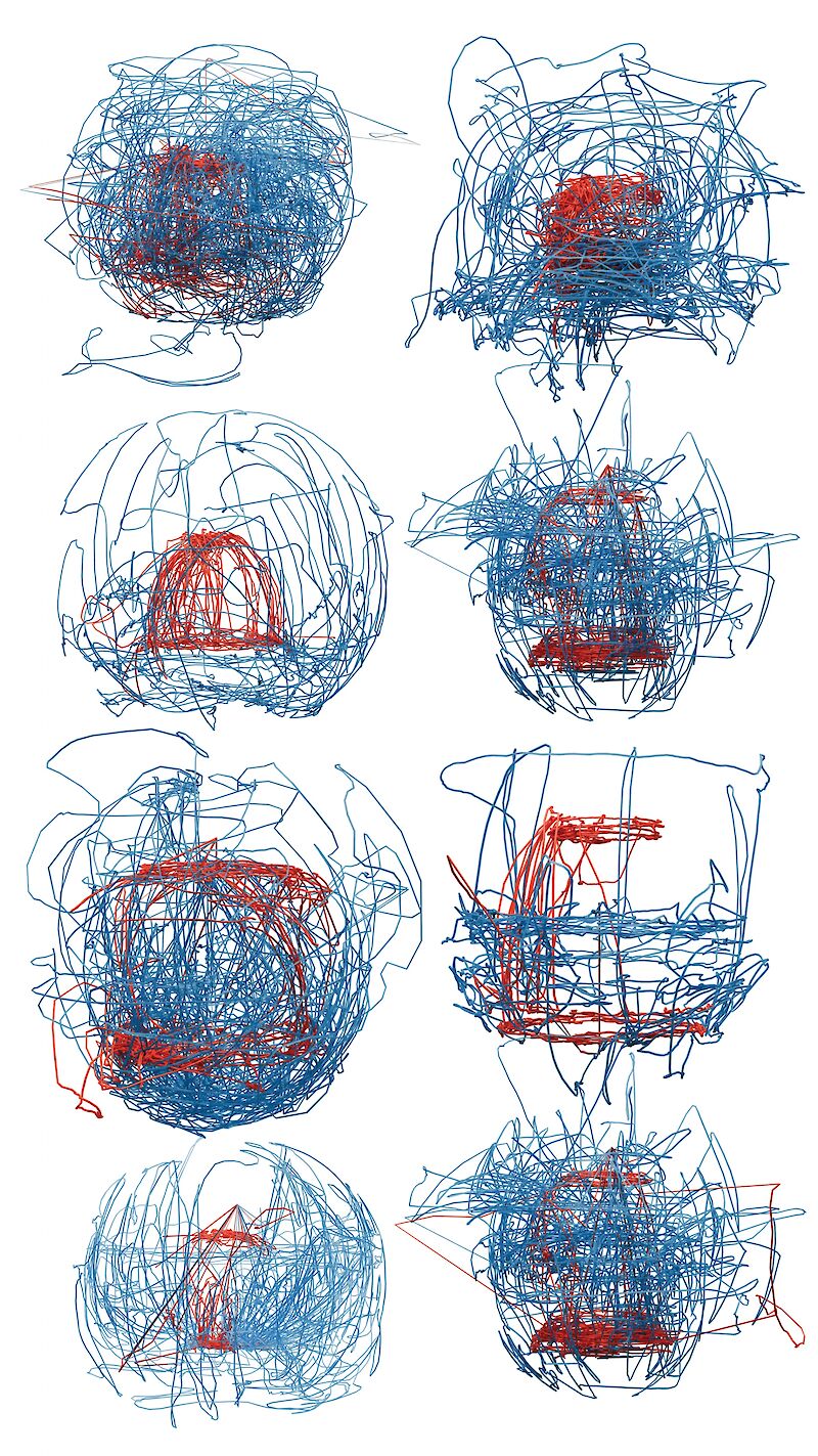 This collage shows the embodied interactions of each tester, captured by controller tracking and analysed based on their shape.
