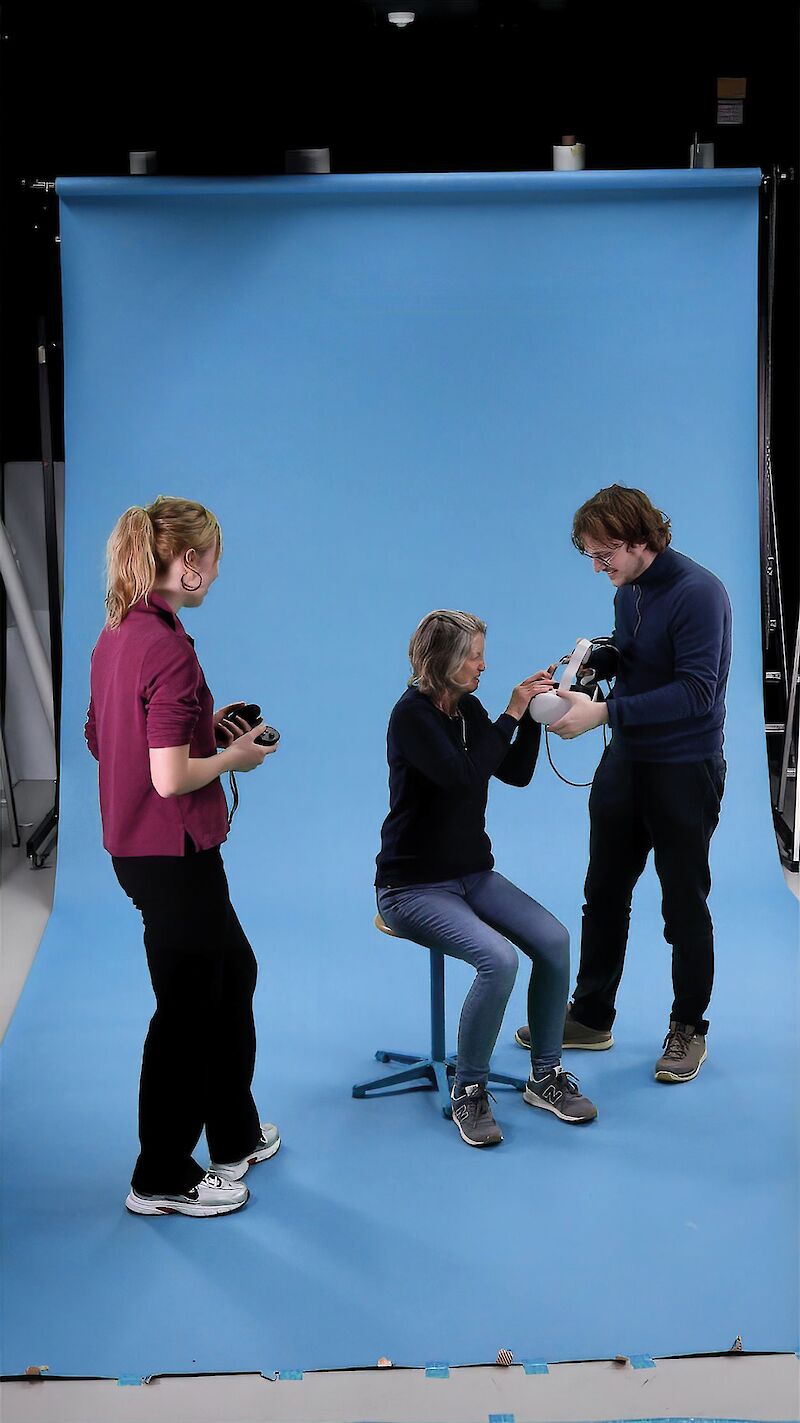 A photo of Jonas Füllemann, Helena Klein and a blind user about to begin testing.