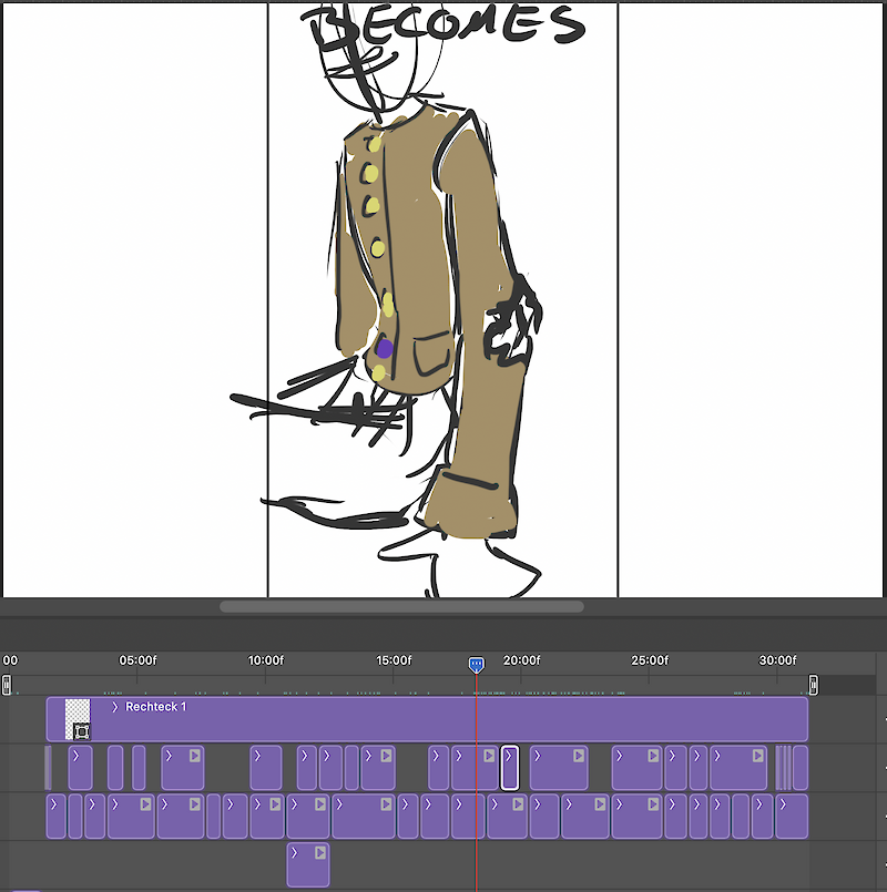 Komposition in Photoshop für das Animatic – skizzenhafte Animation für das Timing und das Verständnis.