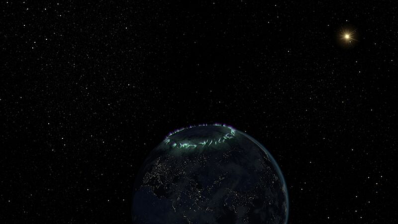 Finales Rendering der Erde mit Polarlichtern.