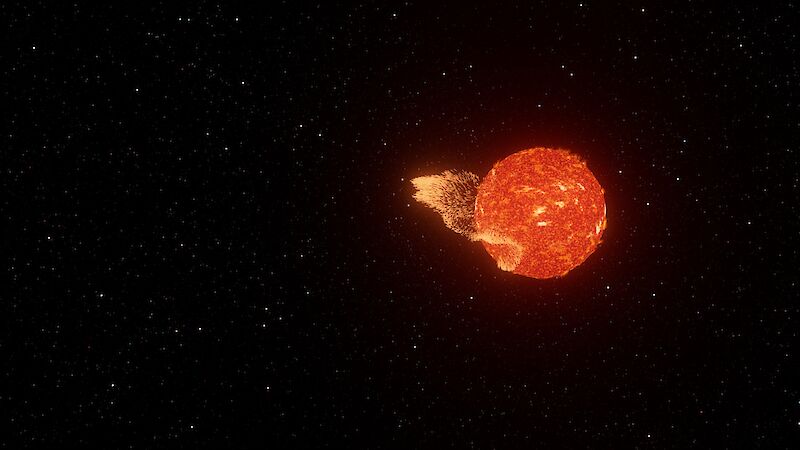 Rendering der Sonneneruption mit Partikelsimulation.
