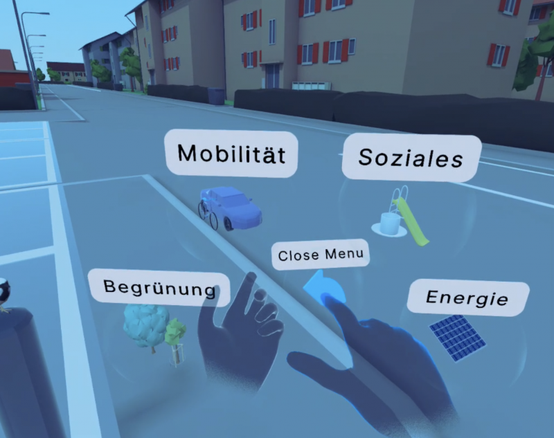 Während dem Modus Gestaltung kann man verschiedene Massnahmen zu Mobilität, Begrünung, Soziales und Energie vornehmen.