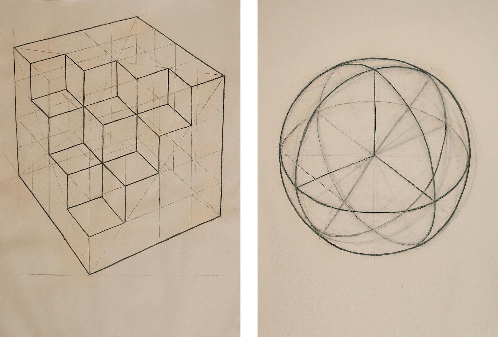 Links: Würfelkomposition, Natascha Jankowski; rechts: Kugel, Kathi Kant