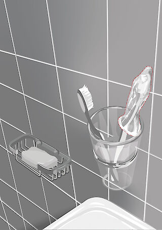 Illustration für das Jubiläumsmagazin. Die Zahnbürsten symbolisieren vertraute Alltagsnähe während das Kondom auf Schutz, Wissen und Verantwortung in Beziehungen und im intimen Raum hinweist.