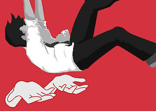 Illustration für das Jubiläumsmagazin der Aids-Hilfe Schweiz. Symbolisch wird das Fallen und Auffangen dargestellt: In schwierigen Lebensphasen bieten Allies – unterstützende Personen aus dem nahen Umfeld – Halt, Orientierung und Vertrauen.