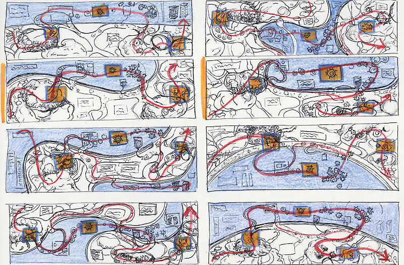 Analoge Skizzen zur Planung des Wandbildes mit verschiedenen Layouts und Erzählsträngen, die auf Papier konzipiert und weiterentwickelt wurden.