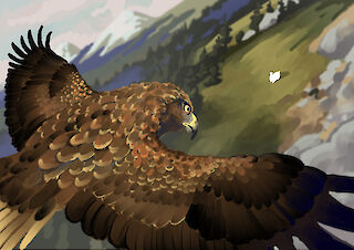 Ein Schneehase ohne Schnee ist eine leichte Beute für den Steinadler. Ausschnitt aus dem Animationsfilm.